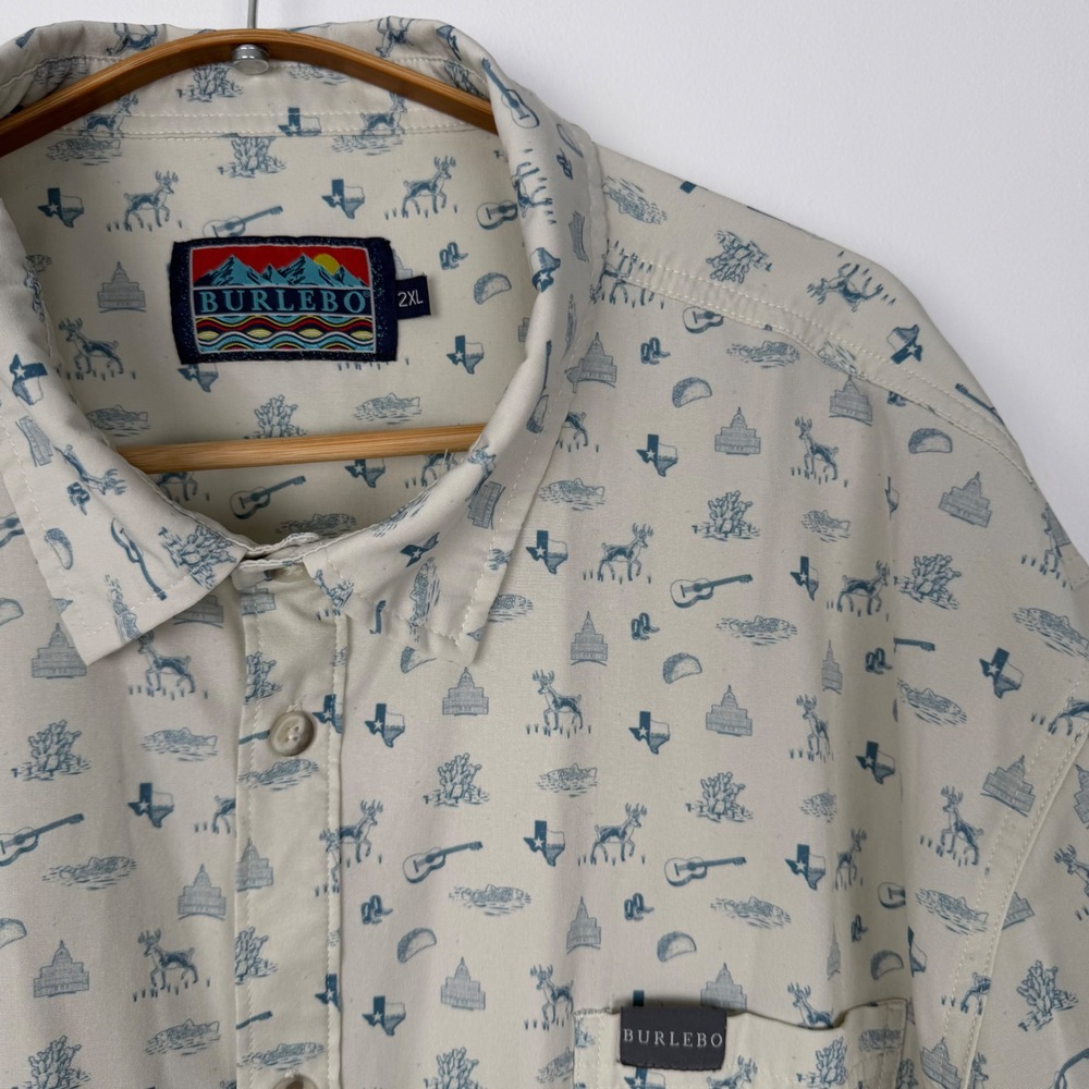 Burlebo Mens Texas Print Short Sleeve Button Down Shirt Tan Blue 2XL Performance